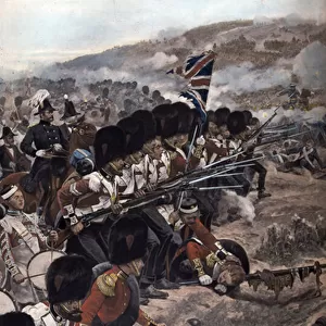 A line of Coldstream Guardsmen with fixed bayonets advancing under fire towards the enemy