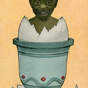 Little black boy emerging from an egg (colour litho)