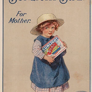 Little girl carrying a box of soap for her mother: advertisement for Sunlight soap (chromolitho)
