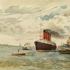 Liverpool: Princes Landing Stage, with American Liner leaving (colour litho)