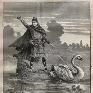 Lohengrin in in a nacelle drawn by a swan, scene of the opera "Lohengrin"