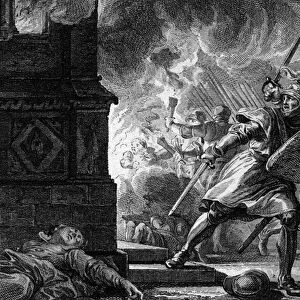 Louis VII the Young or the Pious (1120-1180) made the church of Vitry (Champagne) set fire where the inhabitants had taken refuge, 1148. Engraving by Jean Michel Moreau, dit Moreau le Jeune (1741- 1814), 18th century