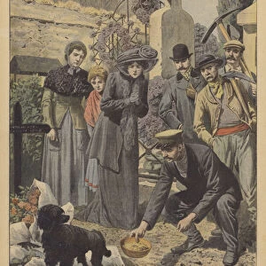 Loyalty of a dog refusing to leave his dead masters graveside (colour litho)