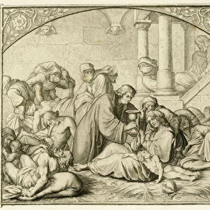 Luther with pest sick persons in Wittenberg, 1850s (engraving)