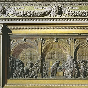 Main altar, Miracle of the Mule (bronze)