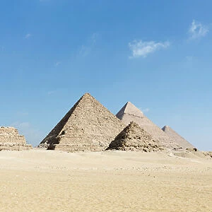 The three main pyramids with the three queen's pyramids in the foreground, Giza, Egypt, 2020 (photo)