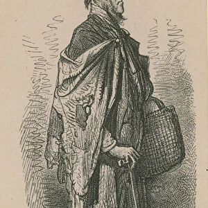 A man wearing a top hat and a shawl while carrying a basket (engraving)