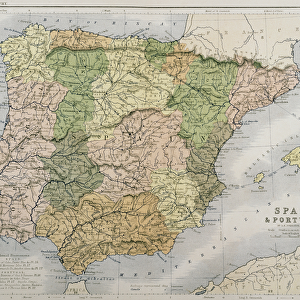 A map of Spain and Portugal, c. 1869 (coloured engraving)