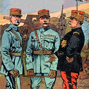 Marechal Joseph Jacques Cesaire Joffre (1852-1931), Marechal Ferdinand Foch (1851-1929) and Marechal Philippe Petain (1856-1951), the great liberators of France during the First World War - Illustration by Georges Conrad (1874-1936) taken from "