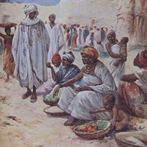 Market scene in Northern Algeria (colour litho)