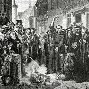 Martin Luther (1483-1546) Publicly Burning the Popes Bull in 1521 (engraving)