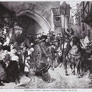 Martin Luther arriving in Worms to appear before the Imperial Council, 1521 (engraving)