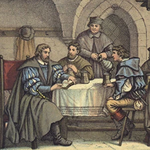 Martin Luther in conversation with students in the Gasthof der Baren, Jena (chromolitho)