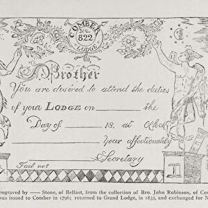 Masonic lodge summons, dated 1796 (litho)