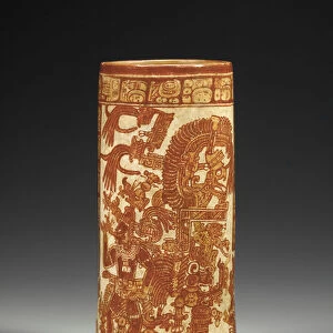 A Mayan painted cylinder vessel depicting the maize god, Hun Nal Ye, c. 550-950