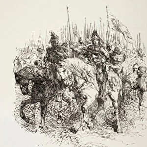Medieval army on the march led by knights on horseback, from The Illustrated