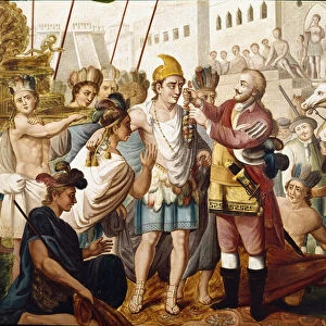The meeting between Hernan Cortes and the Aztec king Moctezuma, in November 1519