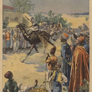 Meharistes (camel cavalry) having a race in Algeria (colour litho)
