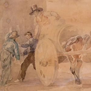 Three Men Unloading a Cart (w / c over traces of pencil on paper)