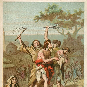 Men, women and children being whipped by monks (chromolitho)
