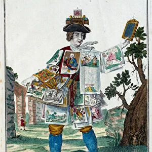 Metier: An image seller. Engraving by Martin Engelbrecht (1684-1756)