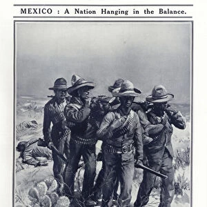 Mexican revolutionaries carrying a wounded man from the field, 1914 (litho)