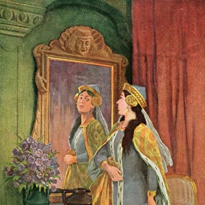 "Mirror, mirror on the wall, Whos the fairest of them all? ", illustration from the Grimm fairy tale Snow White and the Seven Dwarves, c. 1900 (colour litho)