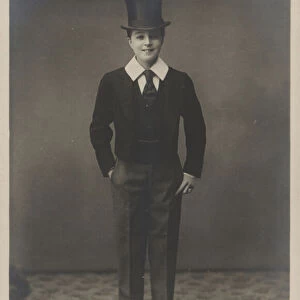 Miss Vesta Tilley dressed as a boy in Eton collar (b / w photo)