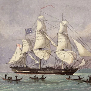 The Missionary Ship Duff Arriving at Otaheite (colour litho)