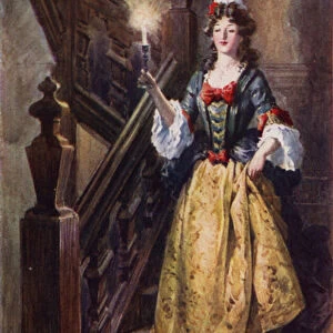 Mistress Beatrix tripping down the stairs at Walcote House to greet Esmond (colour litho)