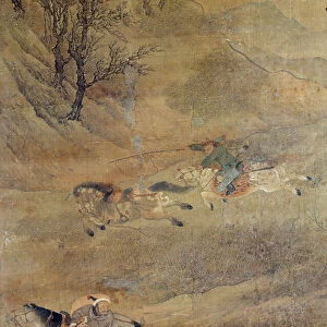 Mongolian rider chasing a horse. Detail. Silk Painting by Fou Tchao Mong (1254-1322)