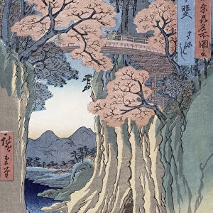 The monkey bridge in the Kai province, from the series Rokuju-yoshu Meisho zue (Famous Places from the 60 and Other Provinces) (colour woodblock print)