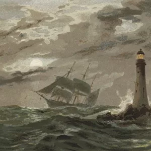 Moonlight, Eddystone Lighthouse (litho)