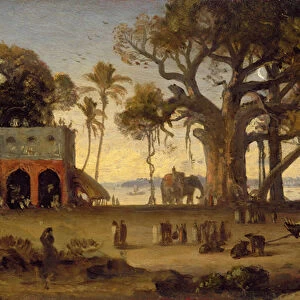 Moonlit Scene of Indian Figures and Elephants among Banyan Trees, Upper India (probably Lucknow)