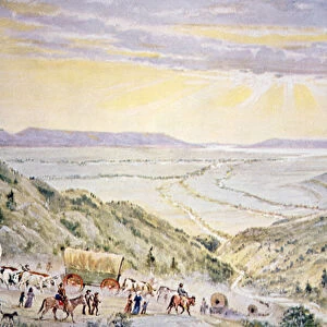 Mormons descending Little Mountain into Salt Lake City, Utah (colour litho)
