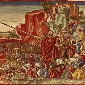 Moses parting the Red Sea, image from the Luther Bible (hand coloured print)