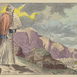 Moses returning from Mount Sinai with The Ten Commandments (colour litho)