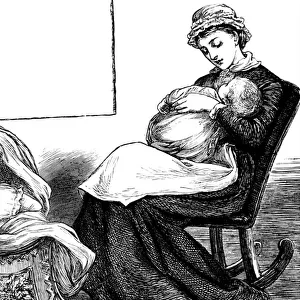 A mother cuddling her child, whilst sat on a rocking chair, 1850