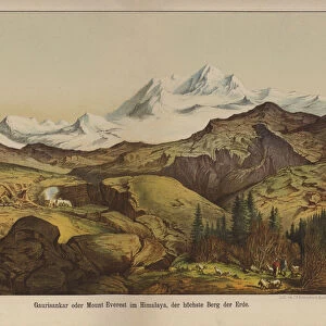 Mount Everest, the highest mountain on Earth (colour litho)