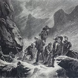 Mountaineer roping out in a chimney, difficult situation in the mountains, 1880, Switzerland