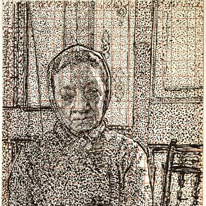Mrs Mounter at the breakfast Table, 1916 - 1917 (pen and black ink, partly scratched