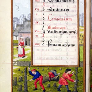 Ms 1058-1975 f2v Cutting Trees and Binding Faggots, from a Book of Hours, c. 1500 (vellum)
