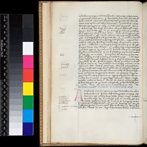 Ms 169. Johannes de Turrecremata, Tractatus de sacramento Eucharistiae, f. 10v. Humanistic bookhand with some cursive features, with rubrics and marginalia in dark grey ink, and initial [A] in red, 15th Century (parchment)