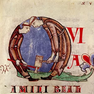 Ms 170 fol. 59 Historiated initial Q depicting monks chopping wood