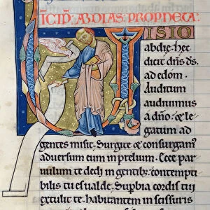 Ms 9 fol 258 Historiated initial V depicting the prophet Obadiah, from the Manerius Bible c. 1185 (vellum)
