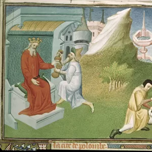 Ms Fr 2810 f. 186, Pepper harvest and offering the fruits to a king