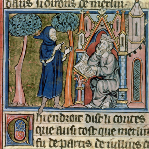 Ms Fr. 95 f. 268 Merlin dictates the story to Blaise, from l