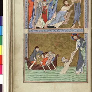 Ms Hunter 229 f. 13v The Incredulity of St. Thomas and Christ Walking on Water, from the Hunterian Psalter, c. 1170 (pen & ink and tempera on vellum)