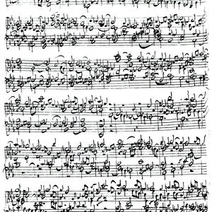 Music Score of Johann Sebastian Bach (1685-1750) (pen and ink on paper) (b / w photo)