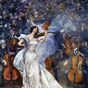 Music. A violin concerto. Illustration by Gulich, Czech Republic, c. 1900 (postcard)